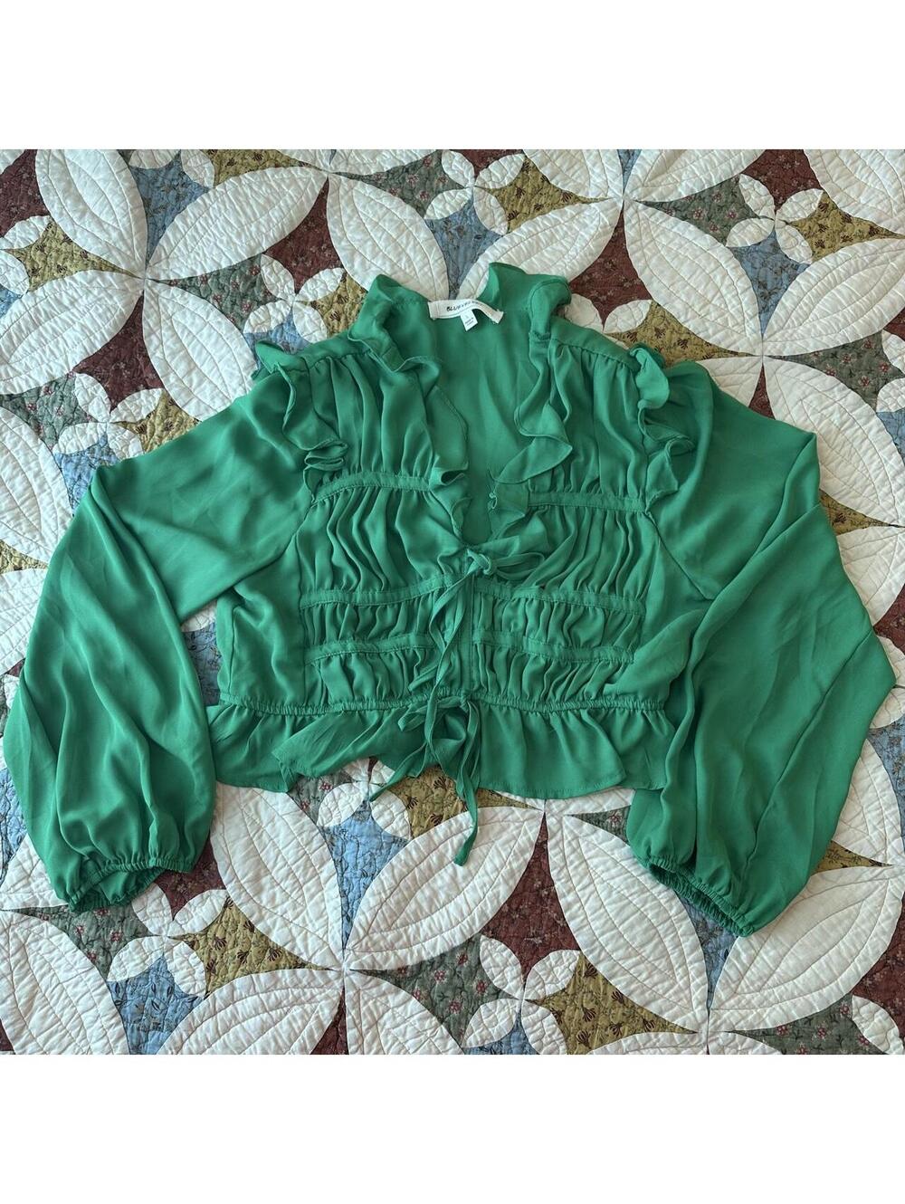 Blue Velvet green ruffle blouse w tie front detail feminine romantic medieval